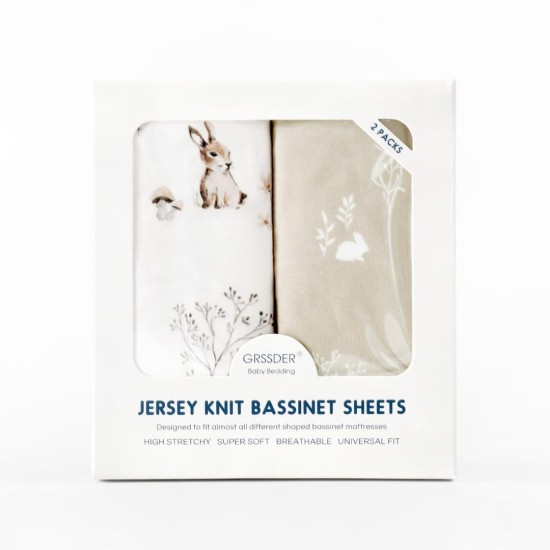 GRSSDER Stretch Ultra Soft Fitted Bassinet Sheet Set 2 Pack, Universal Fit for Bassinets Baby Cradle Moses Basket Oval Rectangle Mattress Safe and Snug, Stylish Watercolor Rabbit Pattern | Safe and Snug, Universal Fit, Fitted, for Bassinets