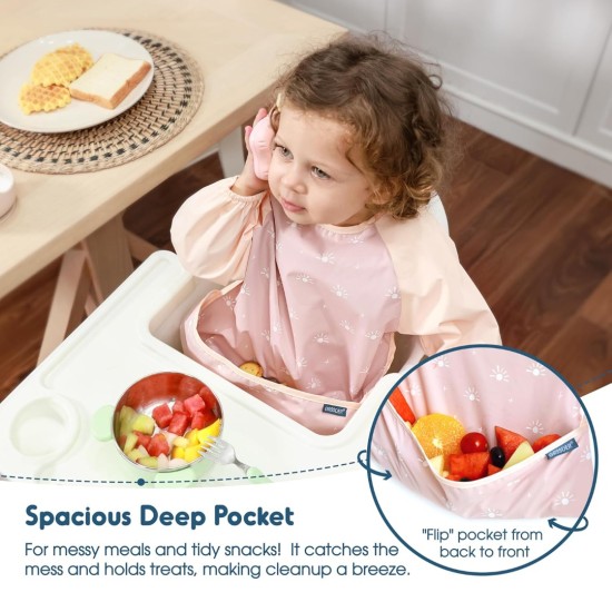 GRSSDER 2 Pack Long Sleeve Baby Feeding Bibs, Soft Waterproof Coverall Baby Led Weaning Bib with Large Food Catcher Pocket