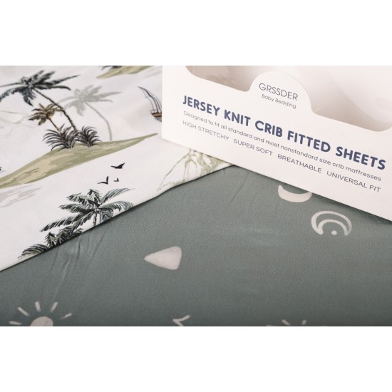 GRSSDER Stretch Ultra Soft Jersey Knit Fitted Crib Sheets Set 2 Pack, Universal Fit All Standard Crib Mattress Pads Safe and Snug, Crib Fitted Sheet with Deep Pocket, Original Neutral Design for Baby