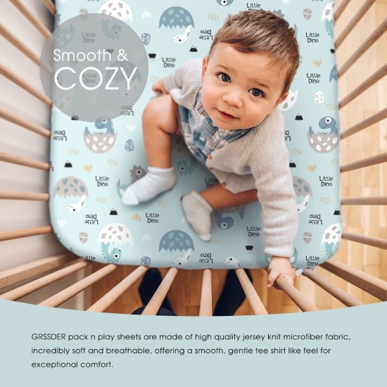 GRSSDER Stretchy Ultra Soft Jersey Knit Fitted Crib Sheets Set 2 Pack, Crib sheets Deep Pocket and Cozy Fits All Standard Crib Mattress Pads Safe and Snug, Happy Dinosaurs Print for Boys and Girls