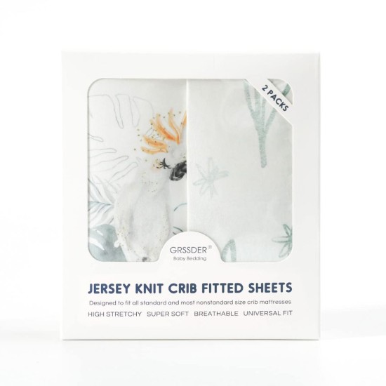 GRSSDER Ultra Soft Jersey Knit Fitted Crib Sheets Set 2 Pack, High Stretchy Breathable Material with Deep Pocket Universal Fitted All Standard Crib Mattress Pads Safe and Snug