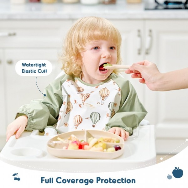 GRSSDER 2 Pack Long Sleeve Baby Feeding Bibs, Soft Waterproof Coverall Baby Led Weaning Bib with Large Food Catcher Pocket