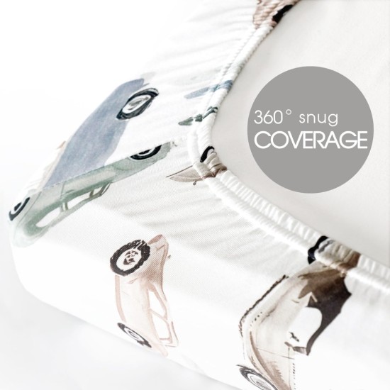 GRSSDER Pack n Play Sheets Fitted 3 Pack, Stretchy Ultra Soft Jersey Knit Pack and Play Sheets, Universal Fitted Portable/Mini Crib Mattresses Snug and Safe, Neutral Pattern of Cars Print | Pack and Play Sheets, Ultra Soft, Stretchy