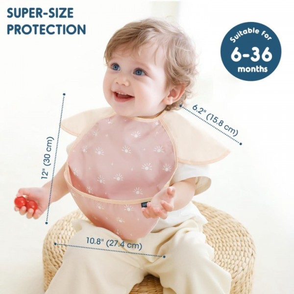 GRSSDER 3-pack Mess Proof Baby Feeding Bibs with Food Catcher Pocket, Soft Lightweight Waterproof Fabric Material with Zero Plastic-like Feel, Adjustable and Easy Clean Toddler Bibs for 6-36 Months