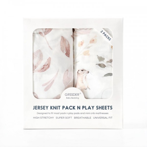 Pack n Play Sheets FItted 2 Pack, Stretchy Ultra Soft Jersey Knit Pack and Play Sheets, Universal Fitted Portable/Mini Crib Mattresses Snug and Safe, Beautiful Blush Pink Floral and Cute Animals Print