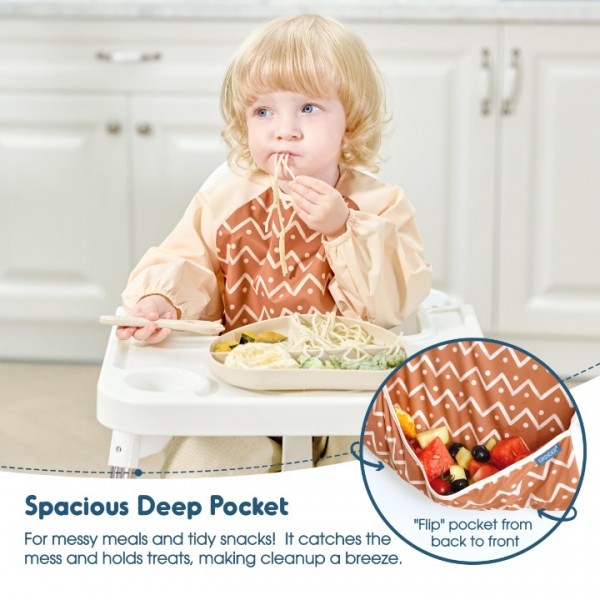 GRSSDER 2 Pack Long Sleeve Baby Feeding Bibs, Soft Waterproof Coverall Baby Led Weaning Bib with Large Food Catcher Pocket