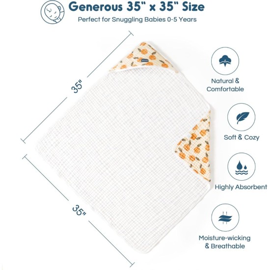 GRSSDER Ultra Soft Absorbent Muslin Cotton Baby Hooded Towel 2 Pack with Original Patterns, Extra Large Size 35"x 35" Swaddle Wrap for Newborn Infant and Toddler