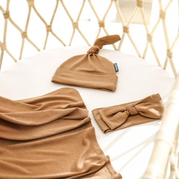 GRSSDER Newborn Swaddle Blanket, Ultra Soft Jersey Receiving Blanket with Matching Headband and Beanie Set 33×44", Stretchy Baby Neutral Swaddle Wrap for Girls and Boys