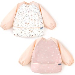 GRSSDER 2 Pack Long Sleeve Baby Feeding Bibs, Soft Waterproof Coverall Baby Led Weaning Bib with Large Food Catcher Pocket