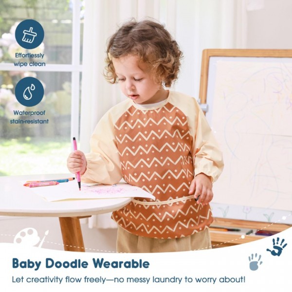 GRSSDER 2 Pack Long Sleeve Baby Feeding Bibs, Soft Waterproof Coverall Baby Led Weaning Bib with Large Food Catcher Pocket