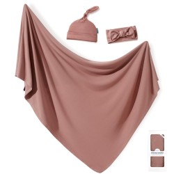 GRSSDER Newborn Swaddle Blanket, Ultra Soft Jersey Receiving Blanket with Matching Headband and Beanie Set , Stretchy Baby Neutral Swaddle Wrap for Girls and Boys