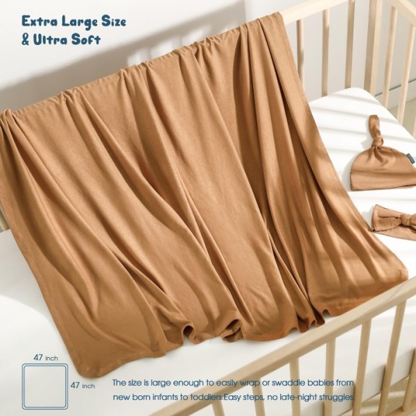 GRSSDER Newborn Swaddle Blanket, Ultra Soft Jersey Receiving Blanket with Matching Headband and Beanie Set, 47×47" Extra Large Nursery Swaddle Wrap for Girls and Boys