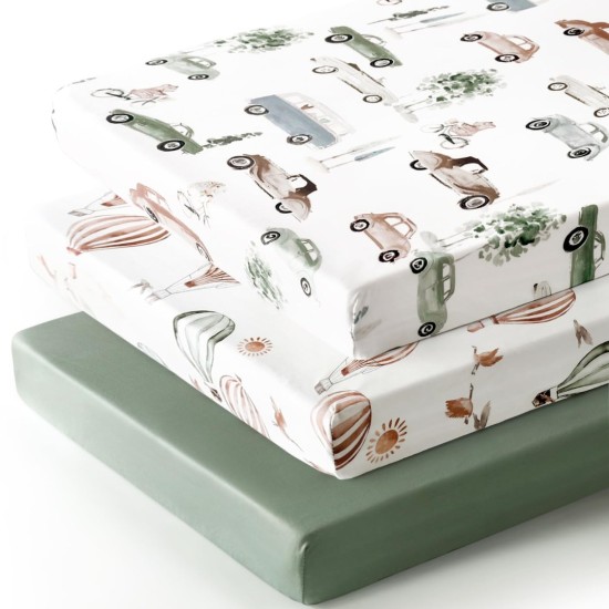 GRSSDER Pack n Play Sheets Fitted 3 Pack, Stretchy Ultra Soft Jersey Knit Pack and Play Sheets, Universal Fitted Portable/Mini Crib Mattresses Snug and Safe, Neutral Pattern of Cars Print | Pack and Play Sheets, Ultra Soft, Stretchy