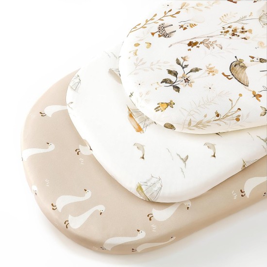 GRSSDER Stretchy Ultra Soft Fitted Bassinet Sheets 3 Pack, Universal Fitted for Oval Rectangle Bassinet Mattresses Safe and Snug, Stylish Bassinet Sheet Gender-Neutral Print for Baby