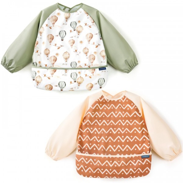 GRSSDER 2 Pack Long Sleeve Baby Feeding Bibs, Soft Waterproof Coverall Baby Led Weaning Bib with Large Food Catcher Pocket