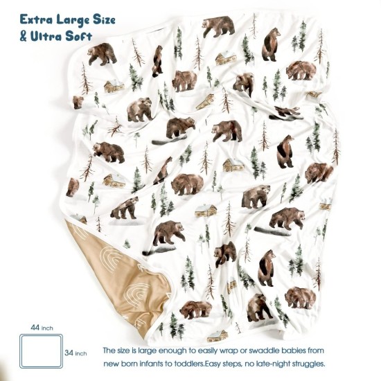 GRSSDER Baby Blankets Super Soft Stretchy Jersey Swaddle Blanket 2 Pack for Baby Boys, Double Layer Reversible Receiving Blankets 34 x 44, Extra Large for Swaddling, Deer & Bear