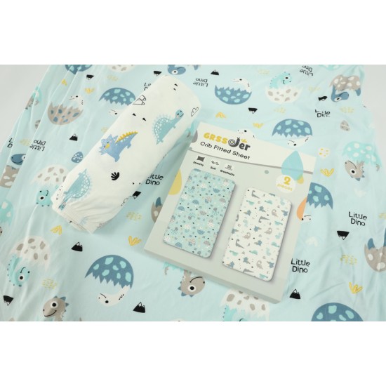 GRSSDER Stretchy Ultra Soft Jersey Knit Fitted Crib Sheets Set 2 Pack, Crib sheets Deep Pocket and Cozy Fits All Standard Crib Mattress Pads Safe and Snug, Happy Dinosaurs Print for Boys and Girls