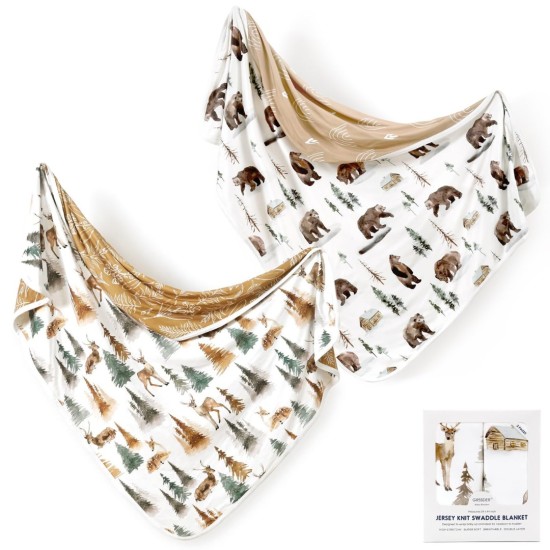 GRSSDER Baby Blankets Super Soft Stretchy Jersey Swaddle Blanket 2 Pack for Baby Boys, Double Layer Reversible Receiving Blankets 34 x 44, Extra Large for Swaddling, Deer & Bear