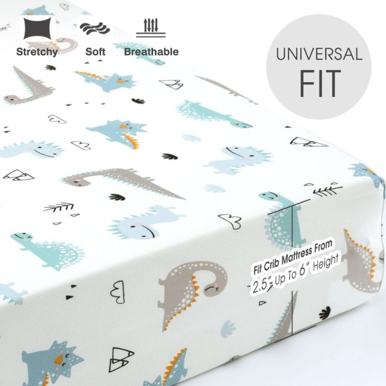 GRSSDER Stretchy Ultra Soft Jersey Knit Fitted Crib Sheets Set 2 Pack, Crib sheets Deep Pocket and Cozy Fits All Standard Crib Mattress Pads Safe and Snug, Happy Dinosaurs Print for Boys and Girls