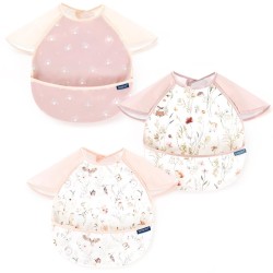 GRSSDER 3-pack Mess Proof Baby Feeding Bibs with Food Catcher Pocket, Soft Lightweight Waterproof Fabric Material with Zero Plastic-like Feel, Adjustable and Easy Clean Toddler Bibs for 6-36 Months