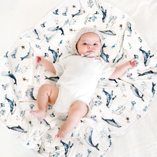 GRSSDER Baby Blankets Super Soft Jersey Knit Swaddle Blanket for Baby Girls and Boys, Double Layer Receiving Blankets 34 x 44 Inches, Extra Large for Baby Swaddling, Sea Fish