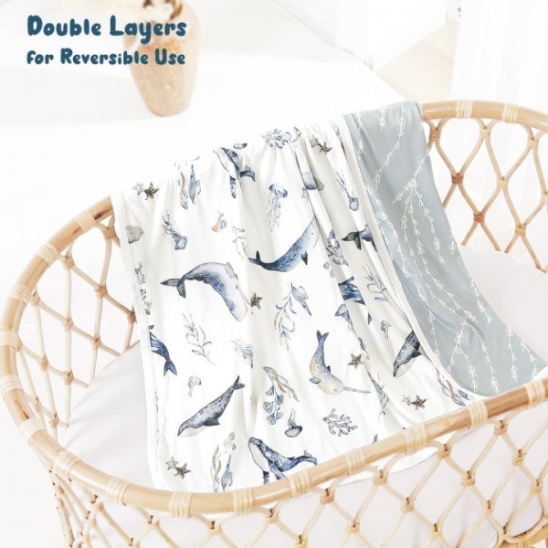 GRSSDER Baby Blankets Super Soft Jersey Knit Swaddle Blanket for Baby Girls and Boys, Double Layer Receiving Blankets 34 x 44 Inches, Extra Large for Baby Swaddling, Sea Fish