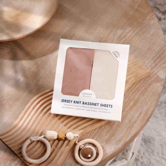 GRSSDER Stretchy Ultra Soft Fitted Bassinet Sheet Set 2 Pack, Universal Fit for Bassinets Baby Cradle Moses Basket Oval Rectangle Mattress Safe and Snug