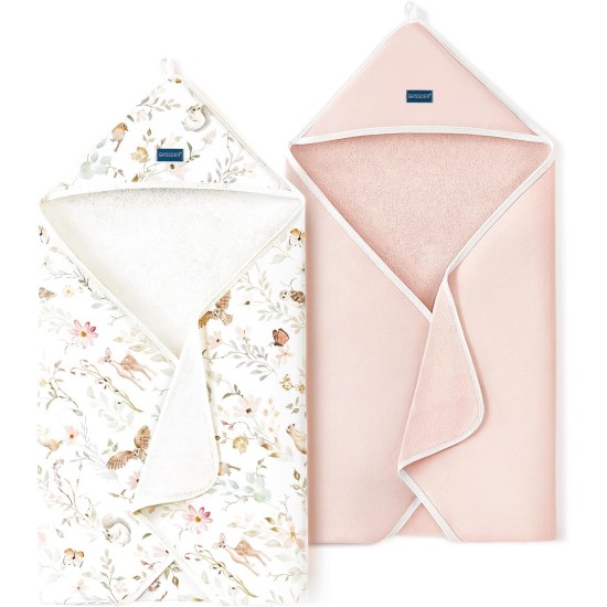 GRSSDER Baby Hooded Towel 2 Pack for Newborn, Super Soft Bath Towels with Original Design, Ultra Absorbent Knit Terry, Large Toddler Towels with Hood for Girls, Shower Gifts for Infant, 34"x 34"