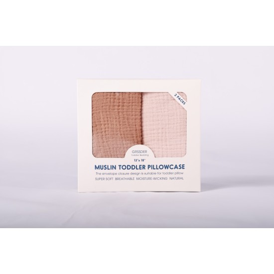 GRSSDER 2 Pack Muslin Toddler Pillowcases Fit for 13 x 18 Pillows, Soft and Breathable Cotton Toddler Pillow Case Cover with Envelope Closure, Multiple Cute Colors for Boys and Girls
